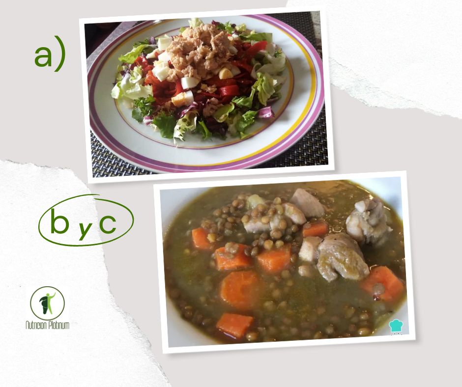 Ensalada de pimientos asados atún y huevo con lentejas con verduras y pollo